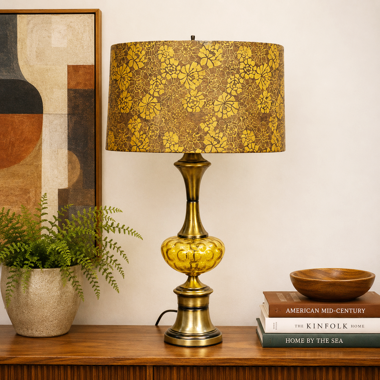 Vintage Mid Century Modern Amber Glass Table Lamp | Brass Tone MCM Lighting