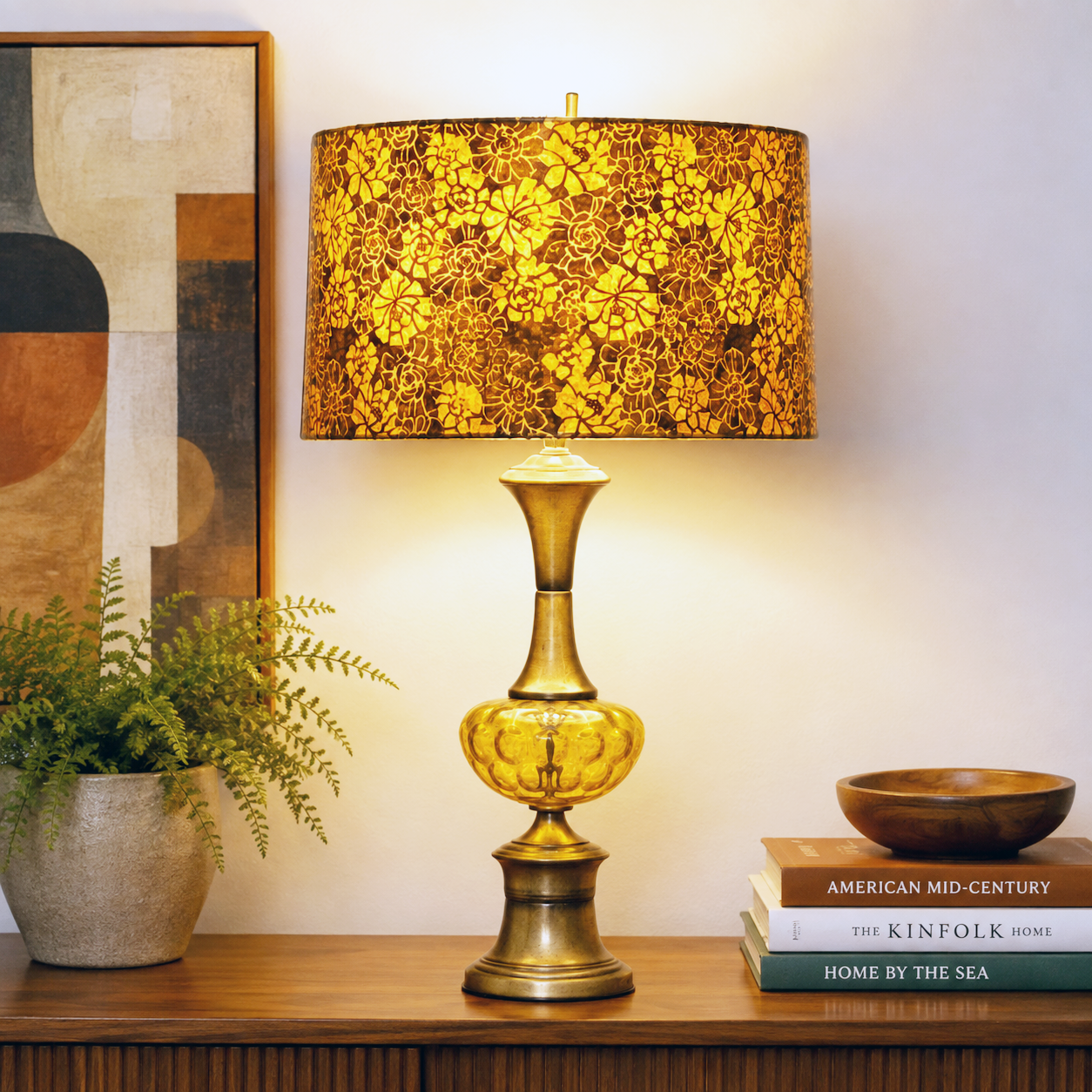 Vintage Mid Century Modern Amber Glass Table Lamp | Brass Tone MCM Lighting