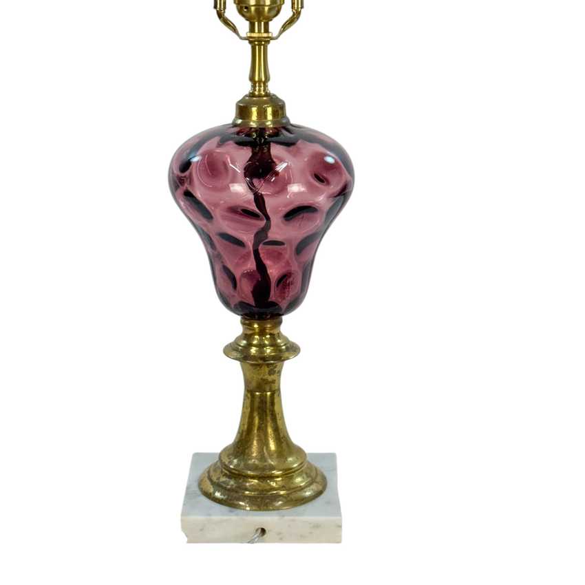 Vintage Amethyst Glass Table Lamp, Purple Thumbprint Glass Lamp, Brass Marble Base Lamp, Hollywood Regency Lighting