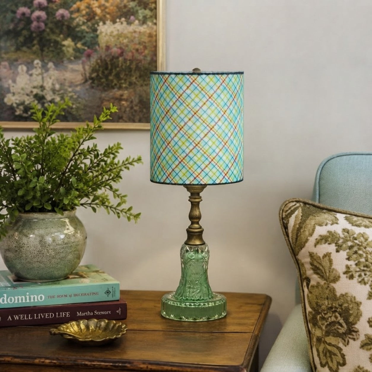Custom Aqua Glass Table Lamp – Hand Painted Vintage Glass Lamp – One of a Kind Seafoam Green Accent Lamp