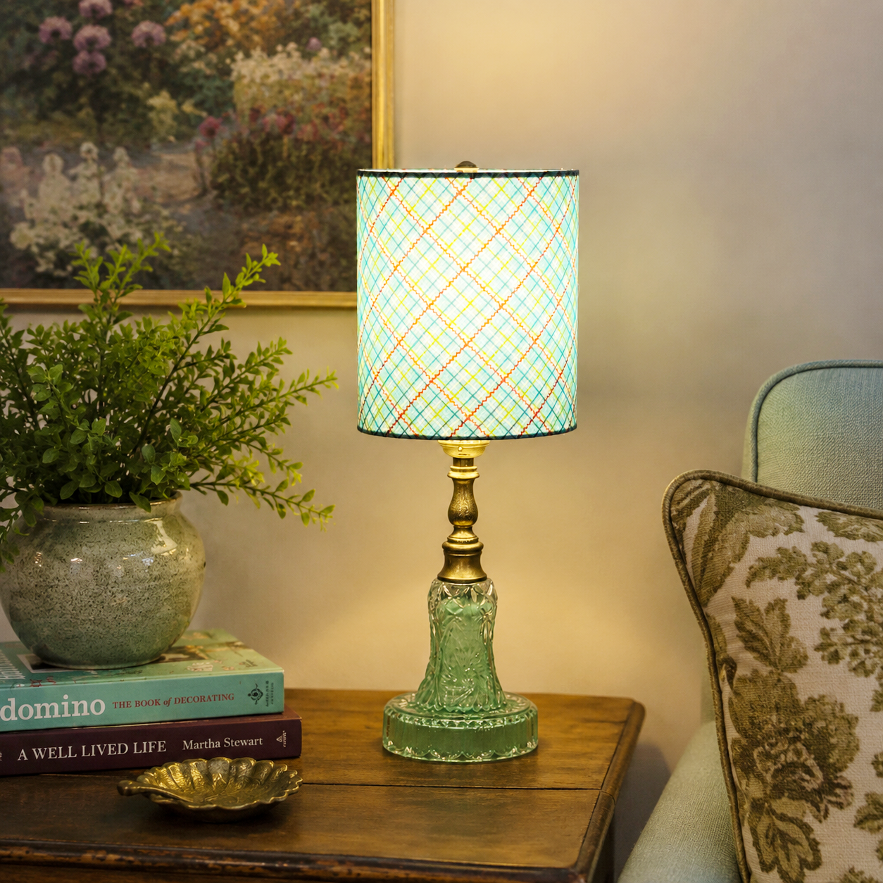 Custom Aqua Glass Table Lamp – Hand Painted Vintage Glass Lamp – One of a Kind Seafoam Green Accent Lamp