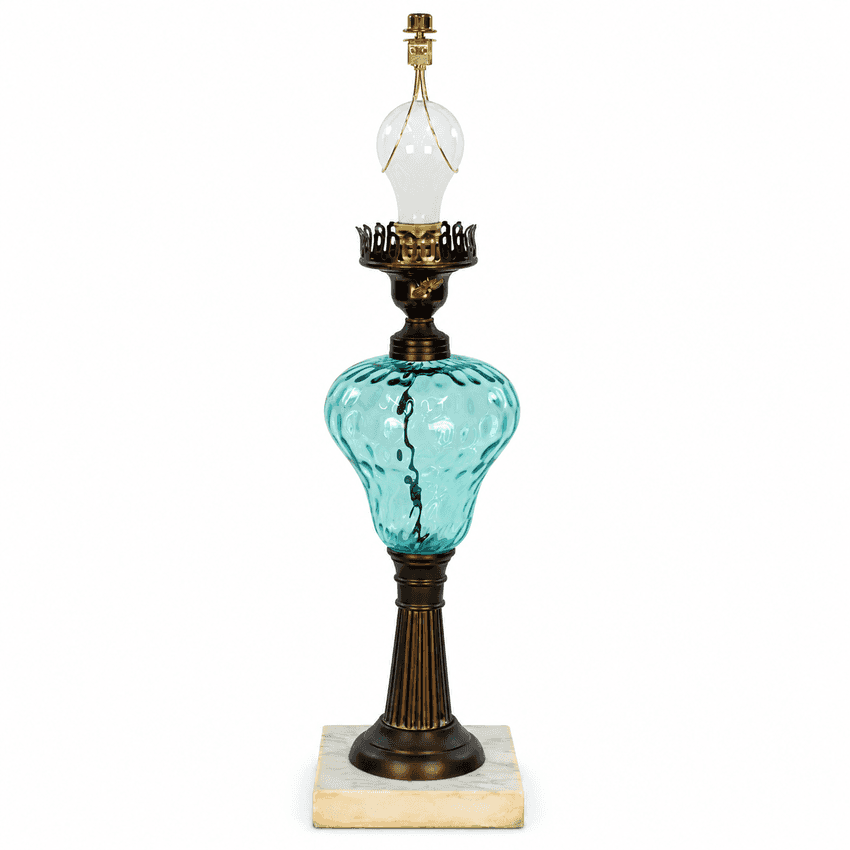 Vintage Aqua Glass Table Lamp | Turquoise Blue Glass Lamp with White Marble Base | Hollywood Regency Accent Lighting