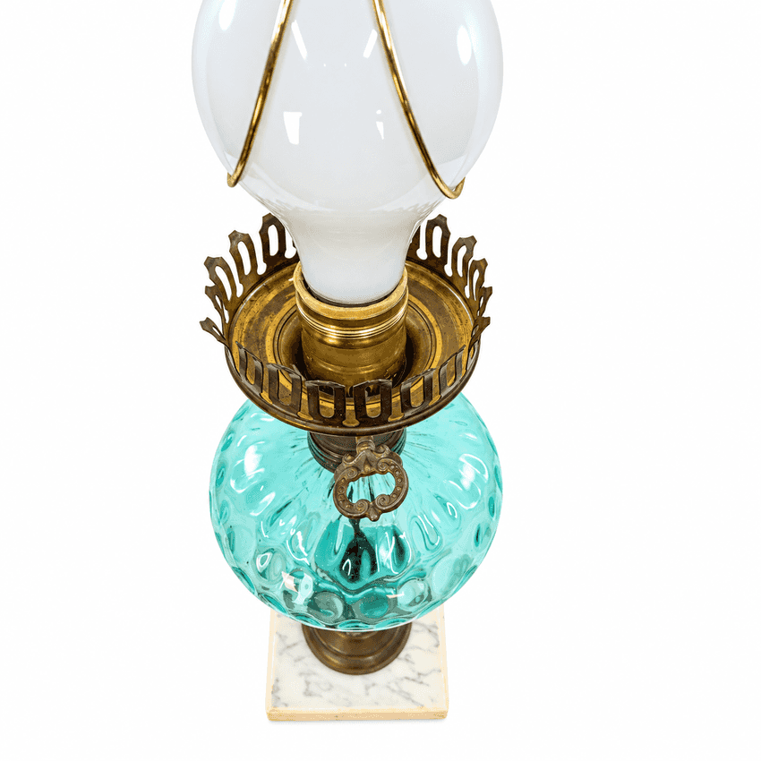 Vintage Aqua Glass Table Lamp | Turquoise Blue Glass Lamp with White Marble Base | Hollywood Regency Accent Lighting