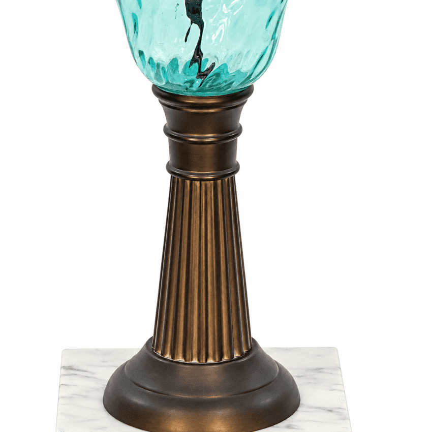 Vintage Aqua Glass Table Lamp | Turquoise Blue Glass Lamp with White Marble Base | Hollywood Regency Accent Lighting