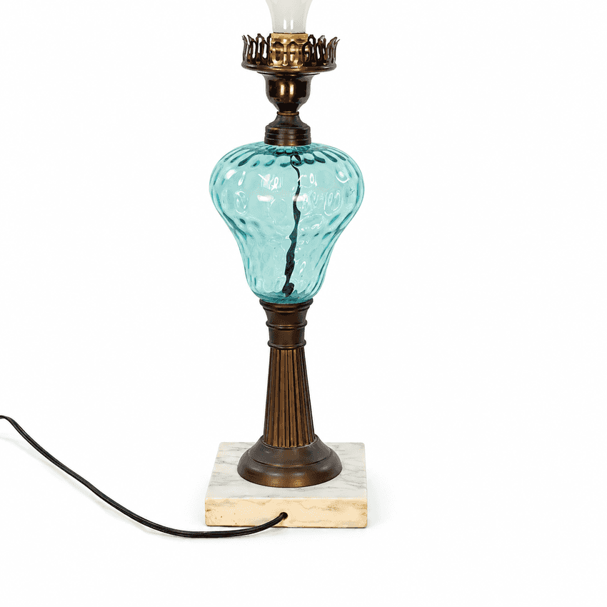 Vintage Aqua Glass Table Lamp | Turquoise Blue Glass Lamp with White Marble Base | Hollywood Regency Accent Lighting