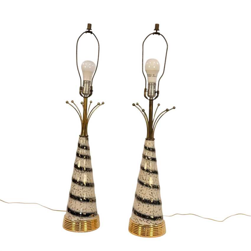 Atomic Swirl Lamp Pair, Mid Century Decorative Table Lamp Pair, Retro Space Age Atomic Lighting Pair, Fiberglass Shades