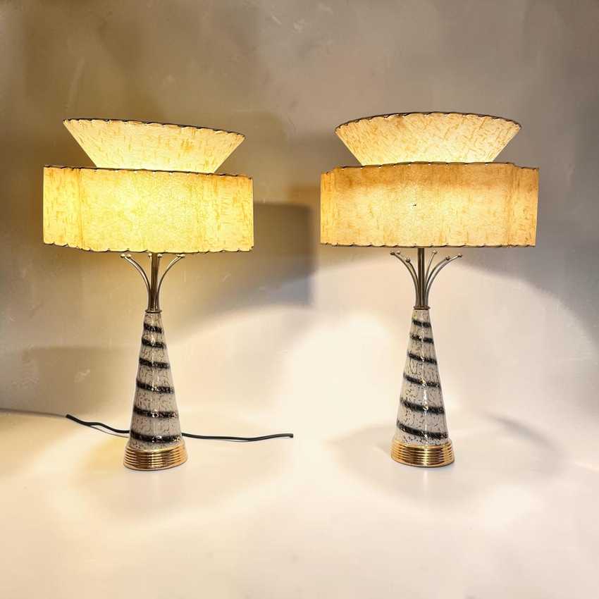 Atomic Swirl Lamp Pair, Mid Century Decorative Table Lamp Pair, Retro Space Age Atomic Lighting Pair, Fiberglass Shades