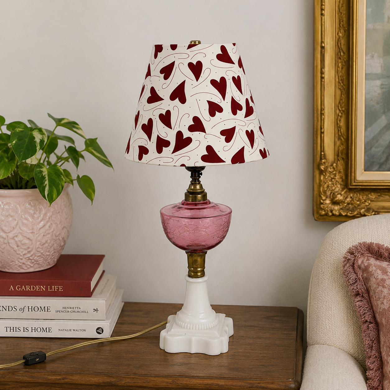 Vintage Atterbury Cranberry Glass Oil Lamp – Electrified Pink Lamp; White Glass Table Lamp