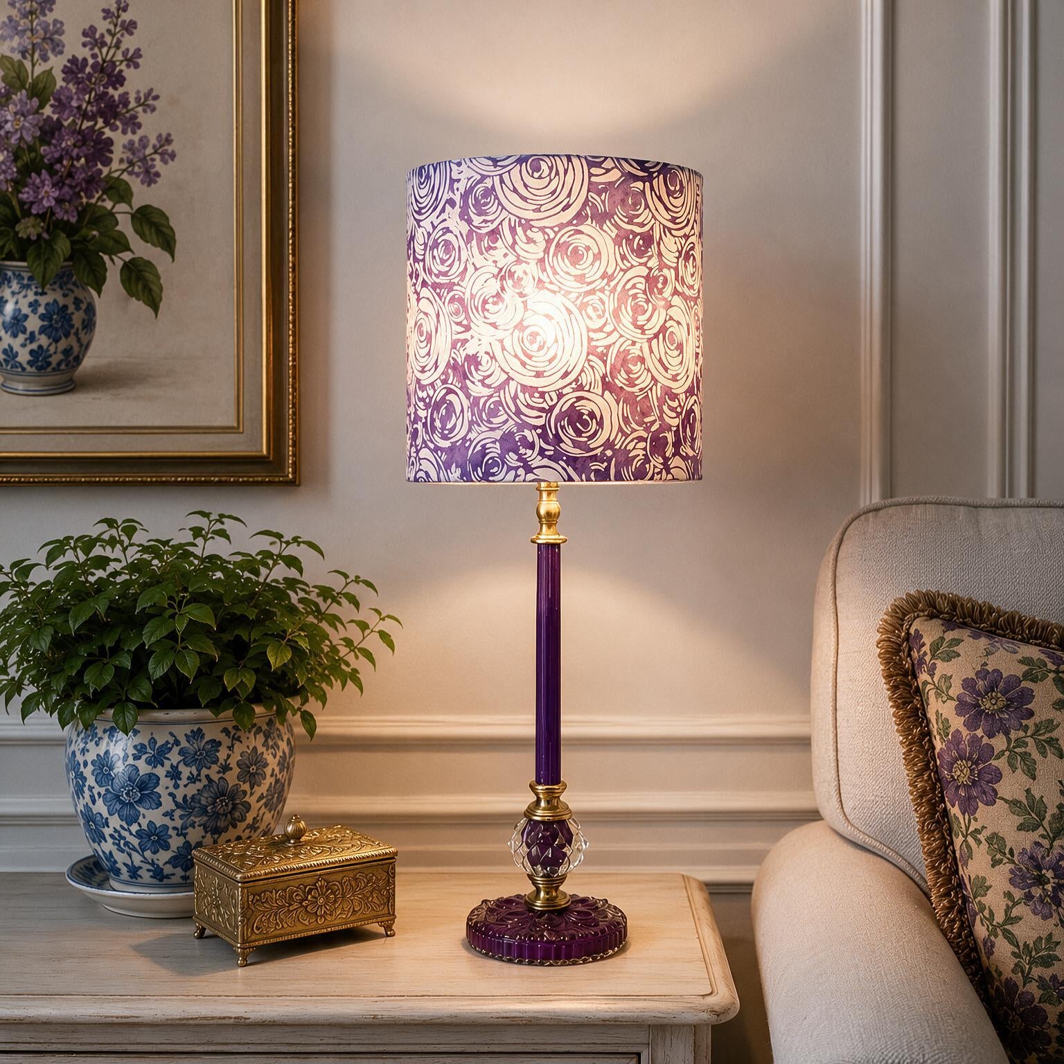 Audrey Royal Purple Glass Table Lamp – Handmade Vintage Glass Lamp; Brass Accent Lamp – 22.25”