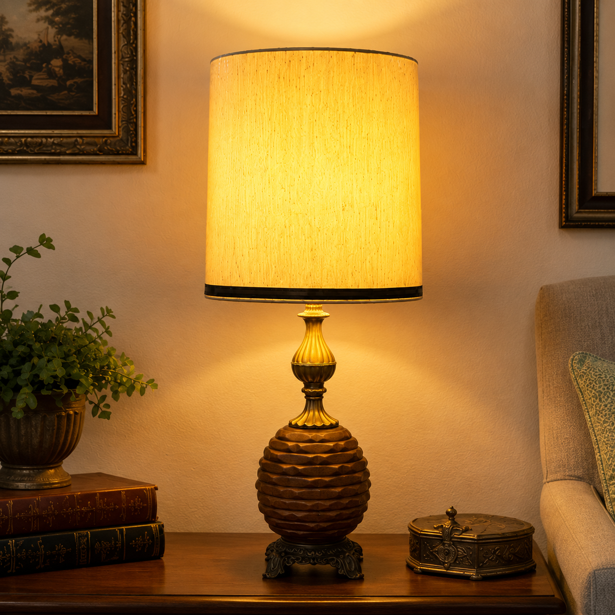 Vintage Mid Century Beehive Table Lamp | Brown Glass Night Light Lamp | Brass Tone MCM Lighting