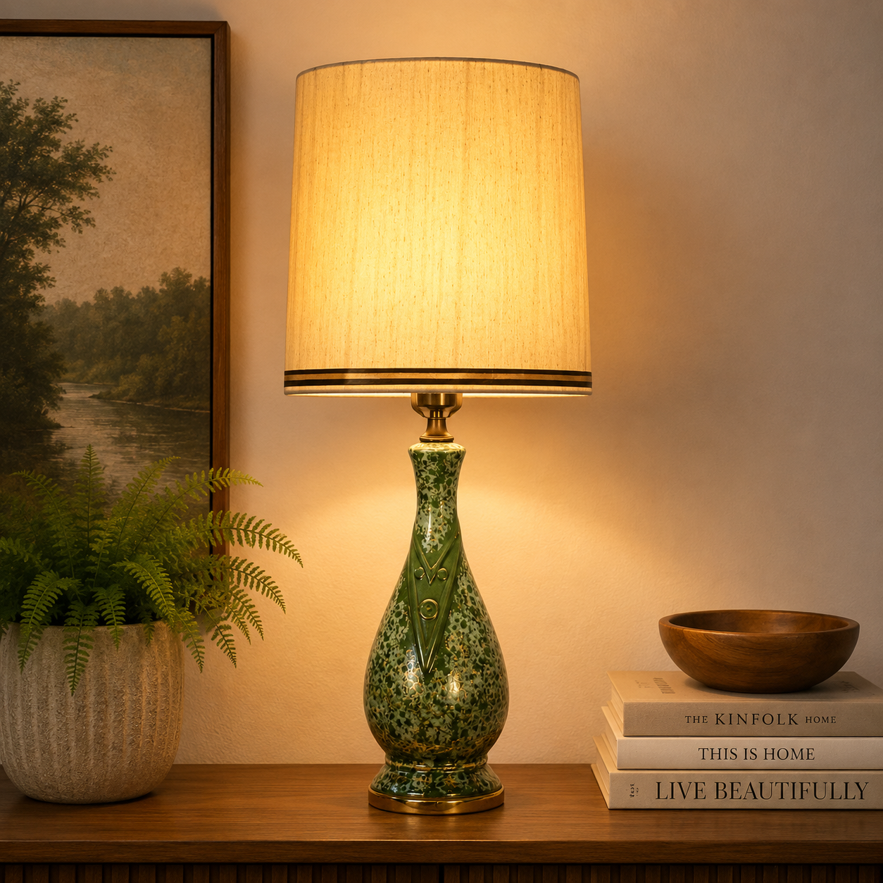 Vintage Mid Century Modern Green Ceramic Table Lamp | Gold Accent MCM Lighting