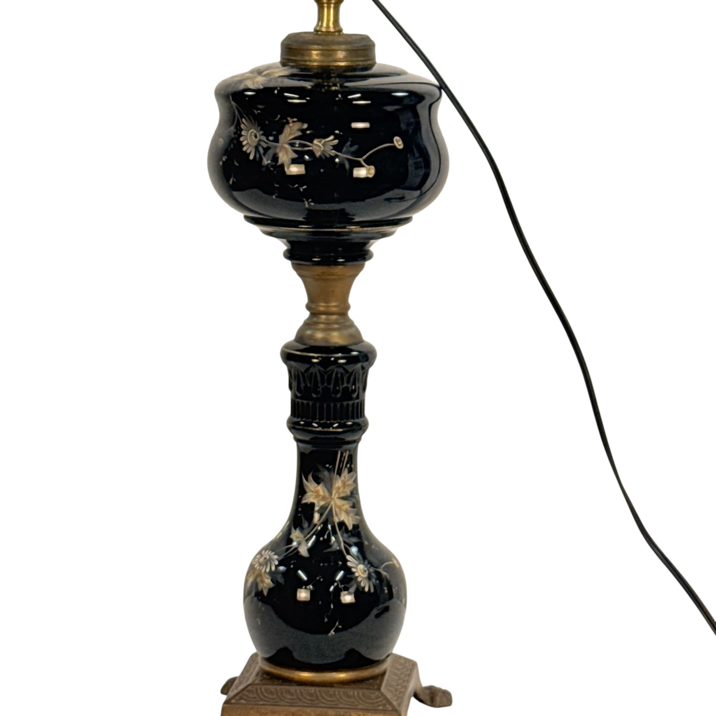 Antique Black Glass Oil Lamp Converted to Electric | Hand Painted Floral Table Lamp