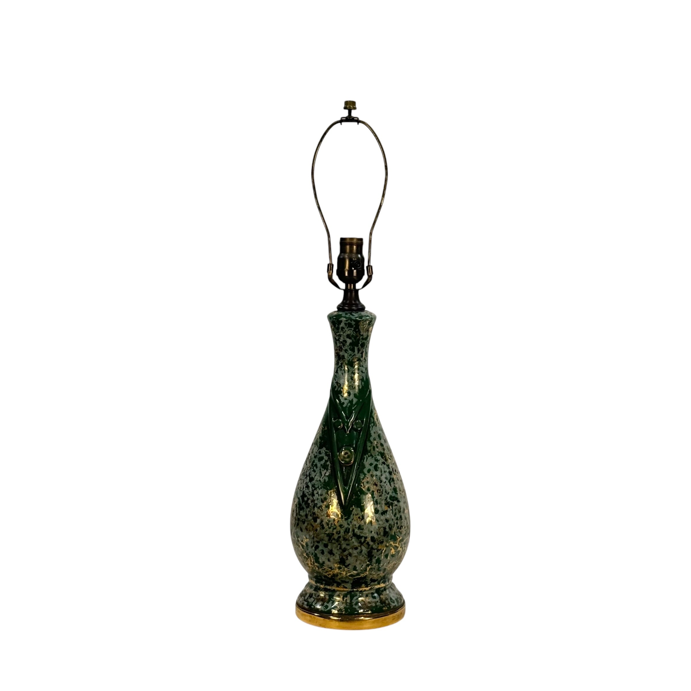 Vintage Mid Century Modern Green Ceramic Table Lamp | Gold Accent MCM Lighting