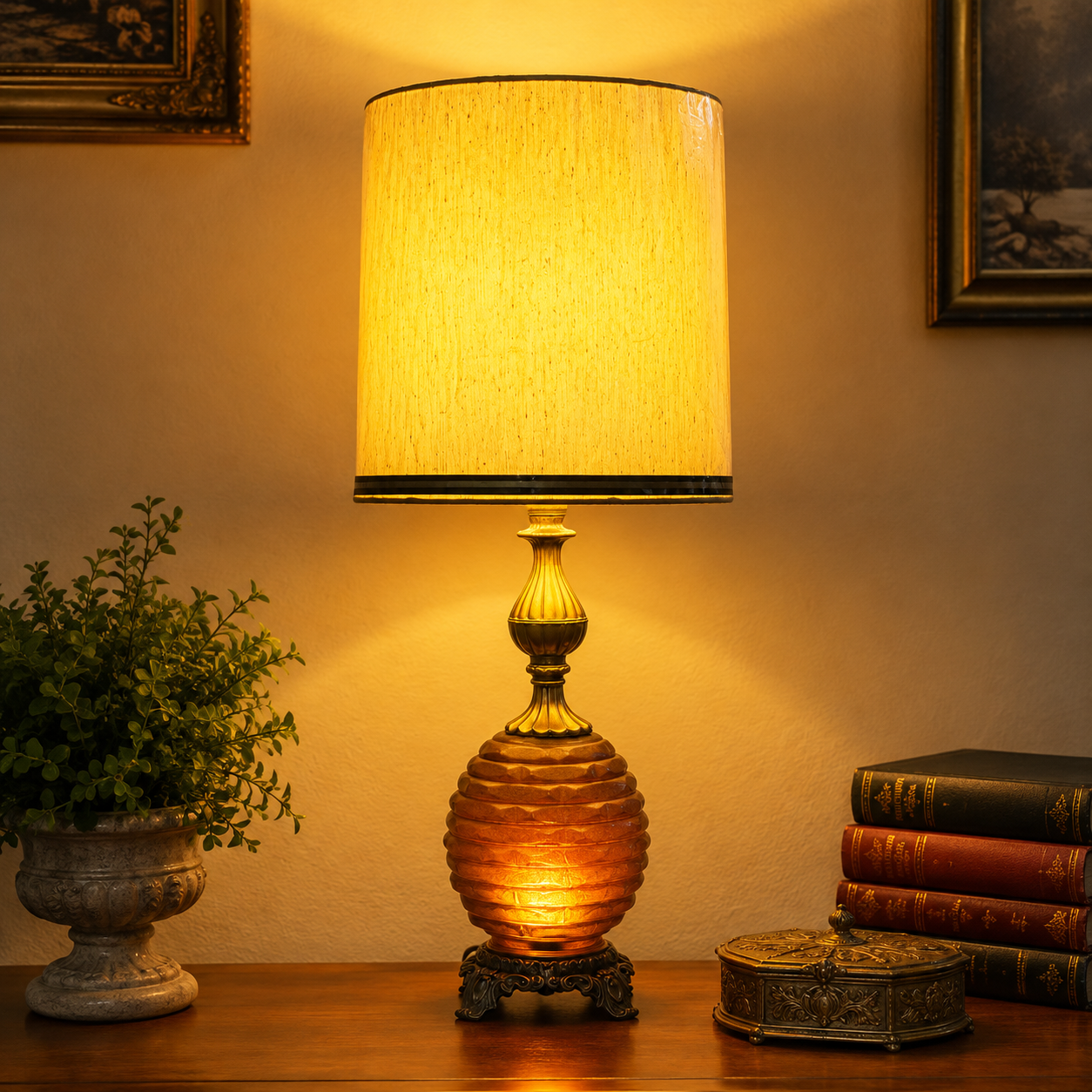 A lit table lamp with a cylindrical beige fabric shade and a ribbed amber-brown glass base sits on a wooden surface against a warm beige wall. Decorative books, a potted plant, and framed wall art are visible around it.