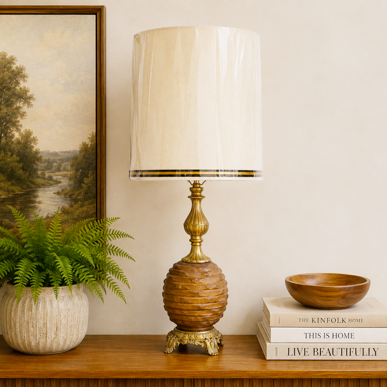 Vintage Mid Century Beehive Table Lamp | Brown Glass Night Light Lamp | Brass Tone MCM Lighting