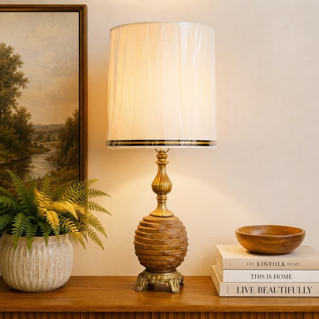 Vintage Mid Century Beehive Table Lamp | Brown Glass Night Light Lamp | Brass Tone MCM Lighting