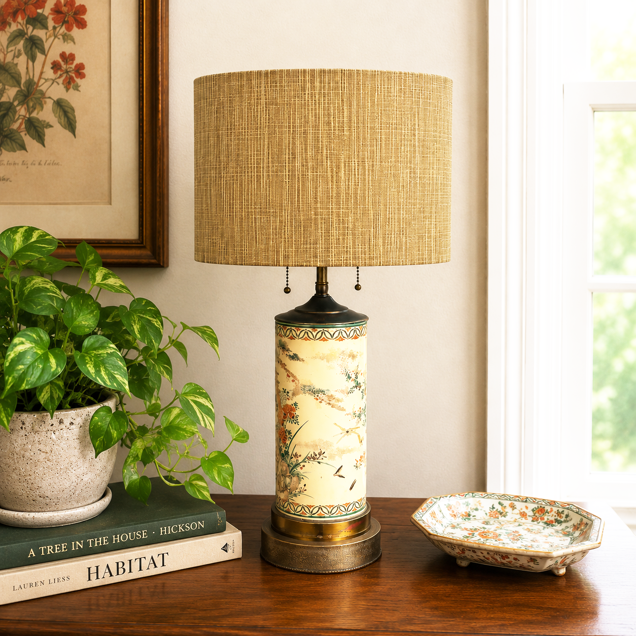 A decorative table lamp with a beige woven drum shade and a cream-colored ceramic body featuring hand-painted floral and bird motifs, styled on a wooden table next to a potted plant and a small dish.