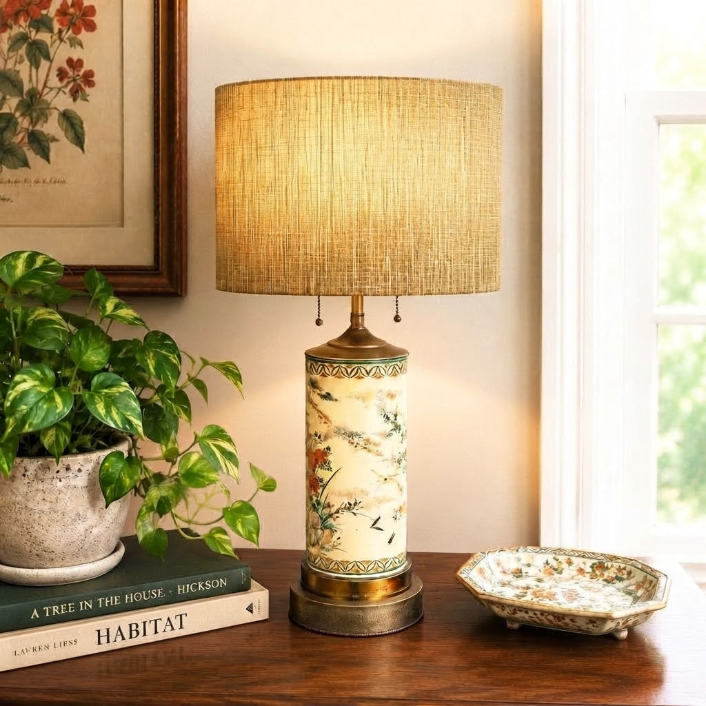 Hand Painted Japanese Decorative Cylinder Vase Lamp, Tabletop Table Lamp, Accent Floral Painted Vase Lamp