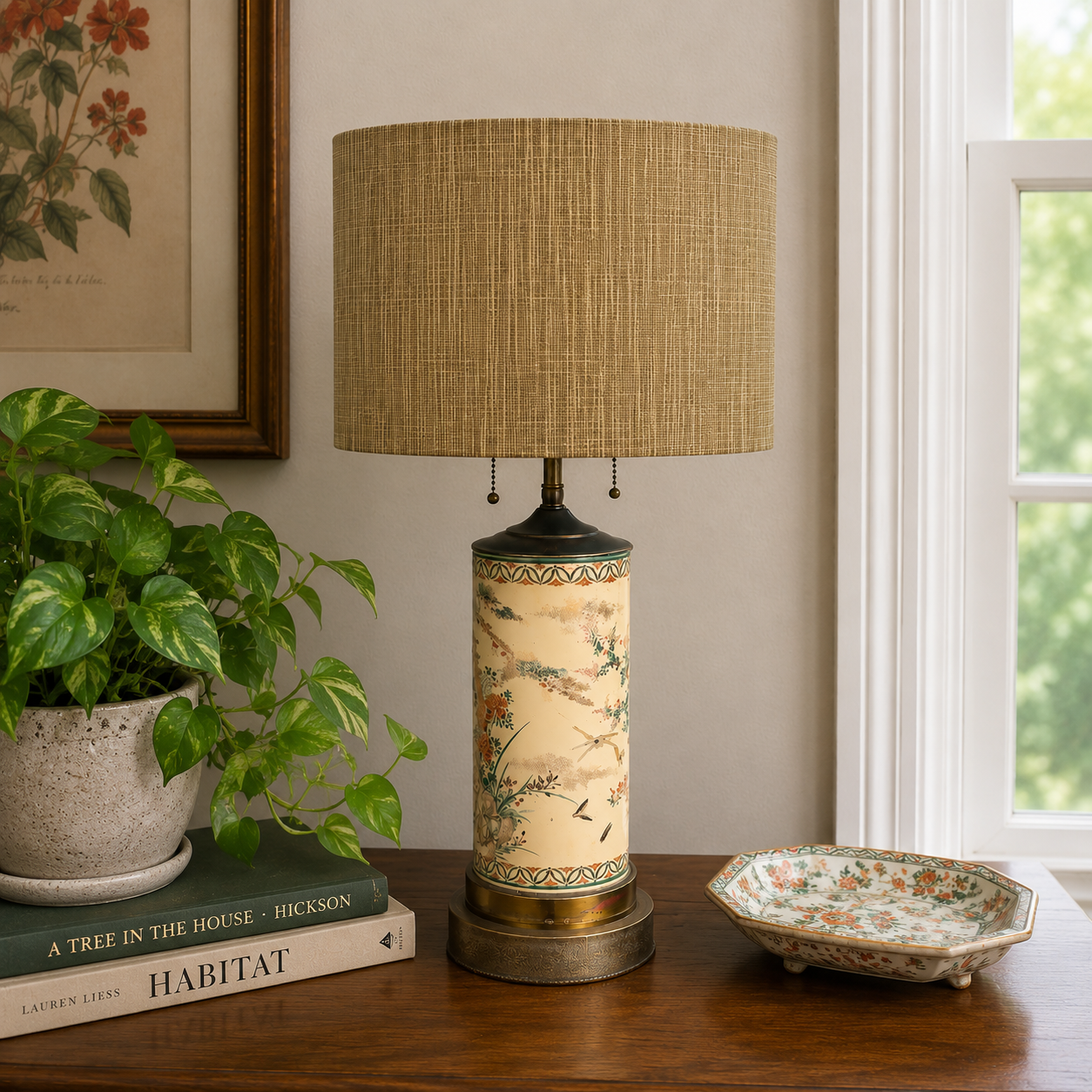 An ornate table lamp with a textured beige linen drum shade and a decorative ceramic base featuring a vintage-style landscape painting, set on a wooden table in a styled room next to a potted plant and a small dish.