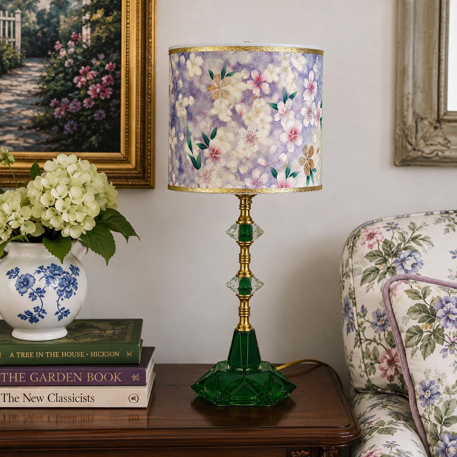 Bibi Custom Hand-Painted Green Glass Boudoir Lamp | One-of-a-Kind Artisan Accent Lamp | Hand-Painted Glass | Brass & Crystal Style Details