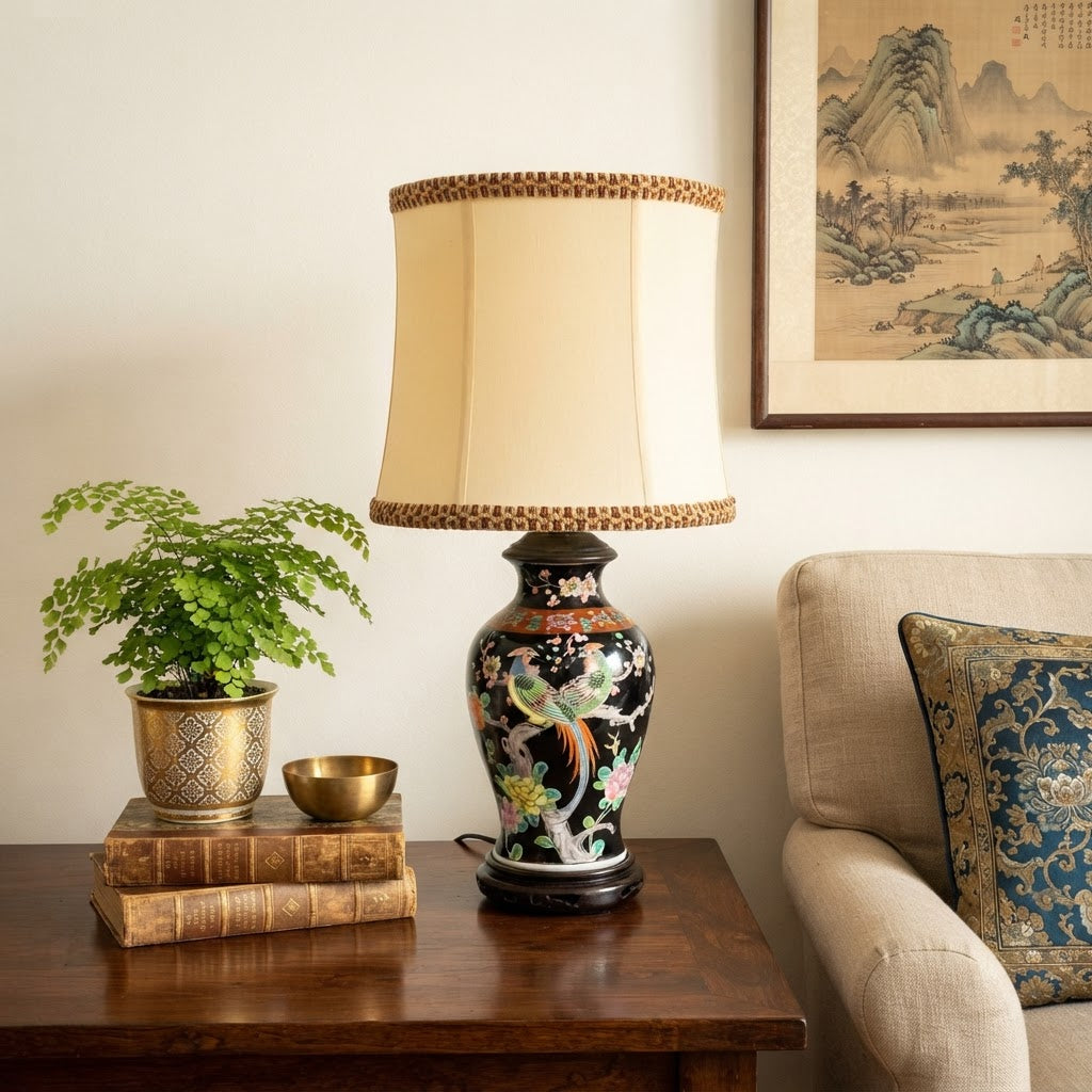 Vintage Black Tabletop Ginger Jar Lamp, Decorative Accent Vase Lamp, Chinoiserie Traditional Jar Lamp