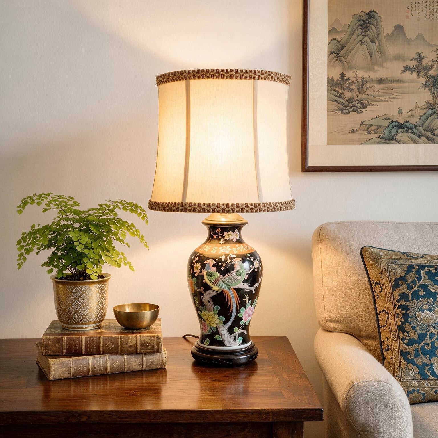 Vintage Black Tabletop Ginger Jar Lamp, Decorative Accent Vase Lamp, Chinoiserie Traditional Jar Lamp