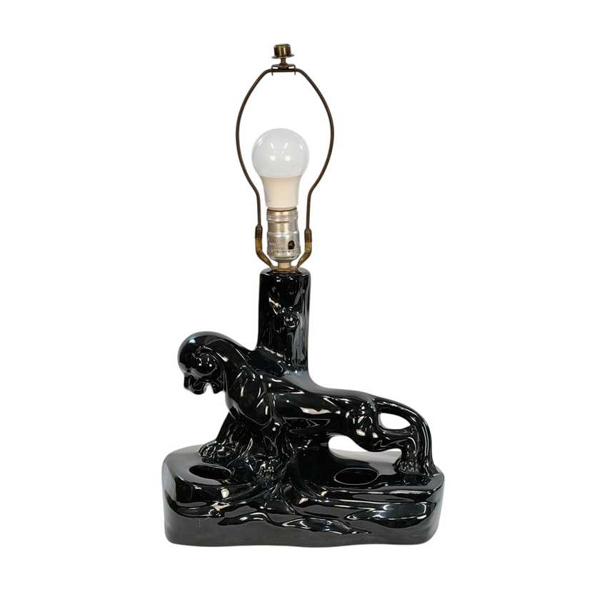 Vintage Black Ceramic Panther Lamp | Glossy Black Cat Table Lamp | Hollywood Regency Animal Lamp | Sculptural Vintage Lighting