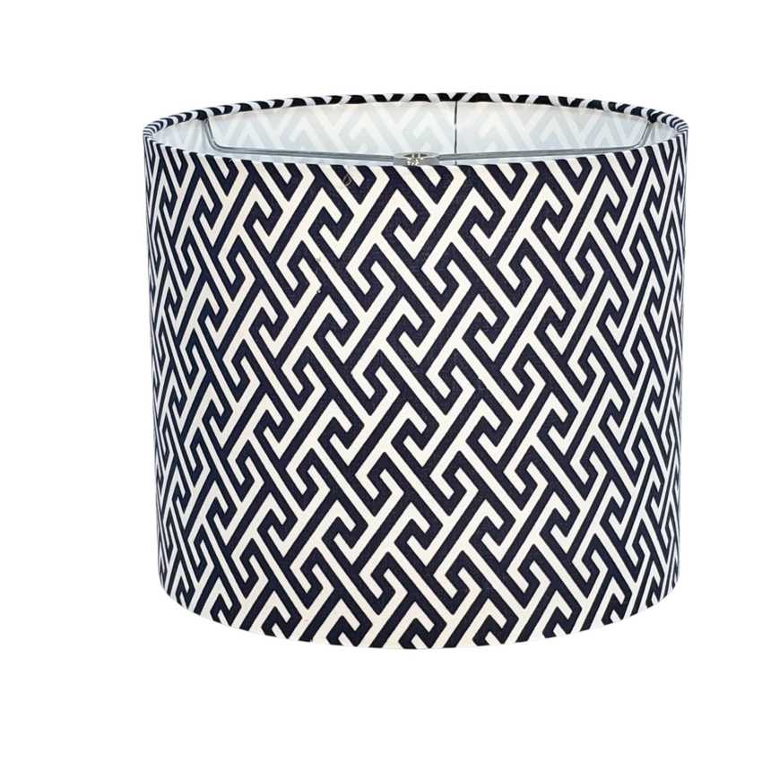 Handmade Japanese Yukata Fabric Drum Lampshade, Navy and White Geometric Pattern, Custom Size 6–16 Inches
