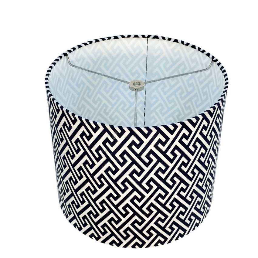 Handmade Japanese Yukata Fabric Drum Lampshade, Navy and White Geometric Pattern, Custom Size 6–16 Inches