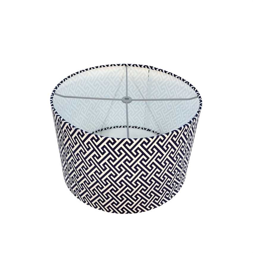 Handmade Japanese Yukata Fabric Drum Lampshade, Navy and White Geometric Pattern, Custom Size 6–16 Inches