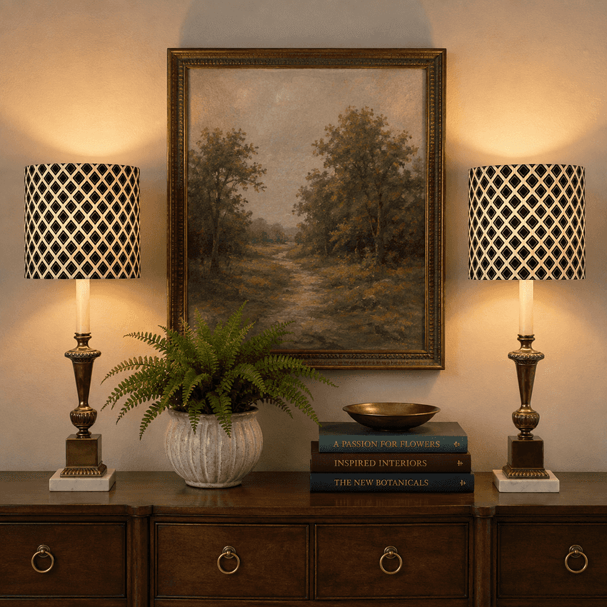 A framed landscape painting hangs on a beige wall above a dark wood console table, flanked by two matching table lamps with black-and-white patterned drum shades and brass bases. A potted fern and a stack of books sit on the table.