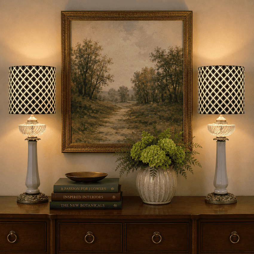 A framed landscape painting hangs on a beige wall above a wooden console table, flanked by two matching table lamps with black-and-white lattice-patterned drum shades and white crystal-style bases. A vase of green hydrangeas and a stack of books sit below the artwork.
