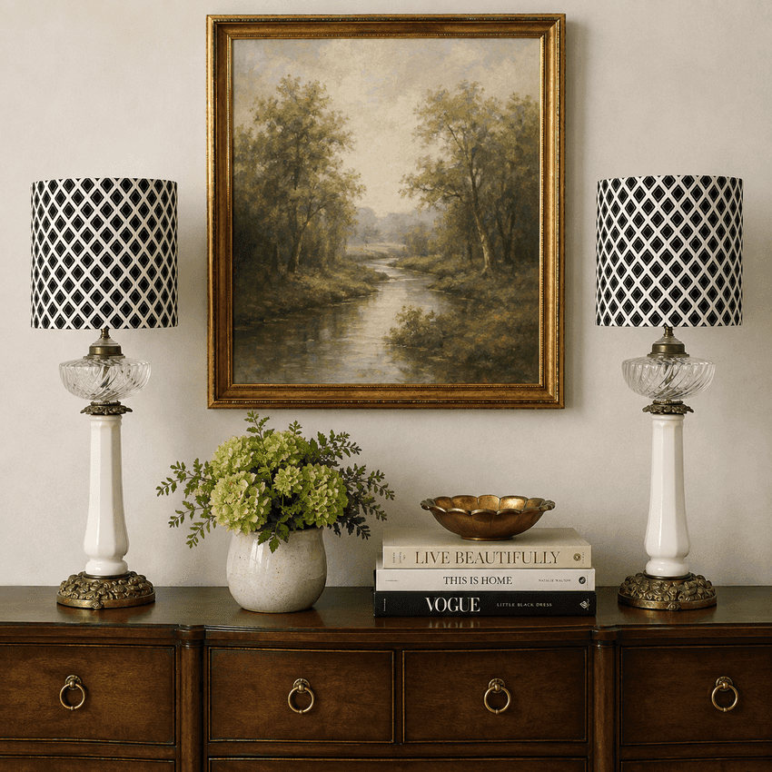 Pair of Vintage Column Table Lamps – White Lamp - Clear Glass Lamps with Ornate Floral Metal Bases – Hollywood Regency Lighting