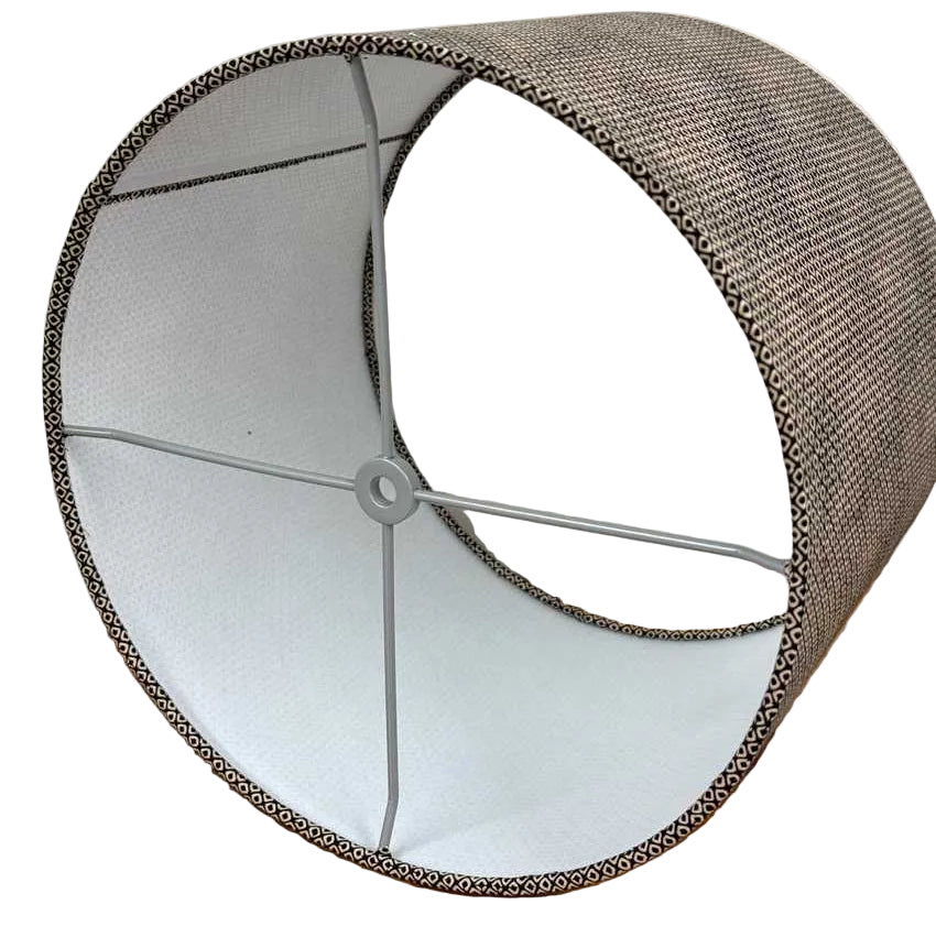 12 Inch Drum Lampshade Covered in Black Shibori Patterned Cotton