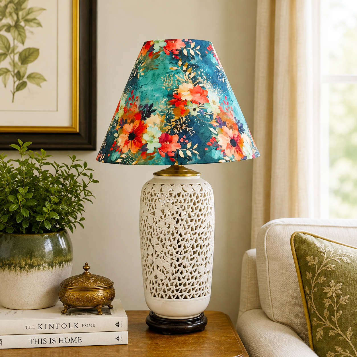 Vintage Blanc de Chine Style Lamp Pierced Porcelain Cherry Blossom Asian Table Lamp Hong Kong 27”