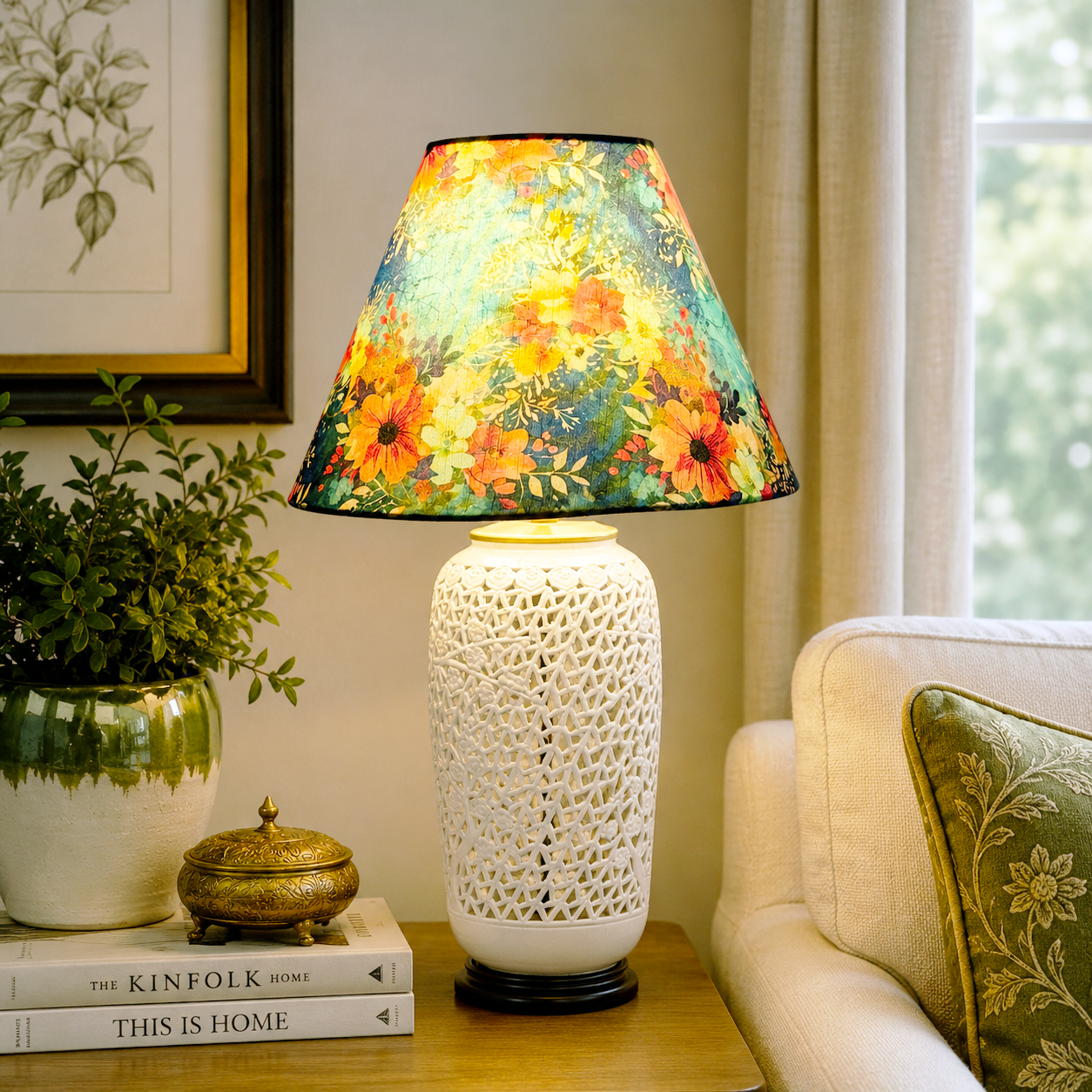 Vintage Blanc de Chine Style Lamp Pierced Porcelain Cherry Blossom Asian Table Lamp Hong Kong 27”