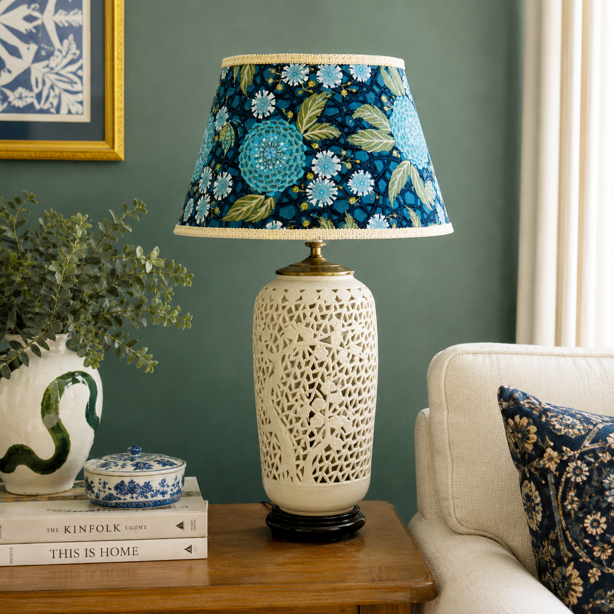 Vintage Blanc de Chine Style Lamp Pierced Porcelain Cherry Blossom Asian Table Lamp Hong Kong 27”
