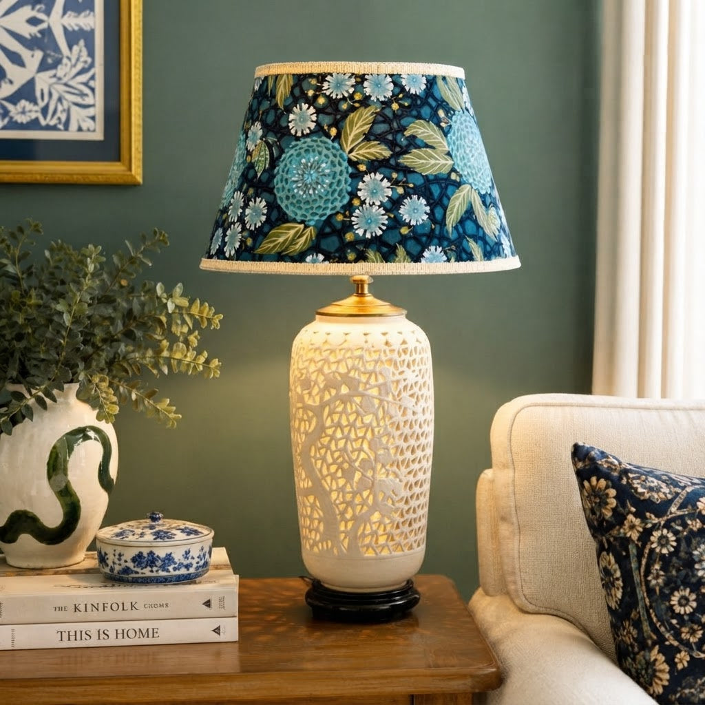 Vintage Blanc de Chine Style Lamp Pierced Porcelain Cherry Blossom Asian Table Lamp Hong Kong 27”