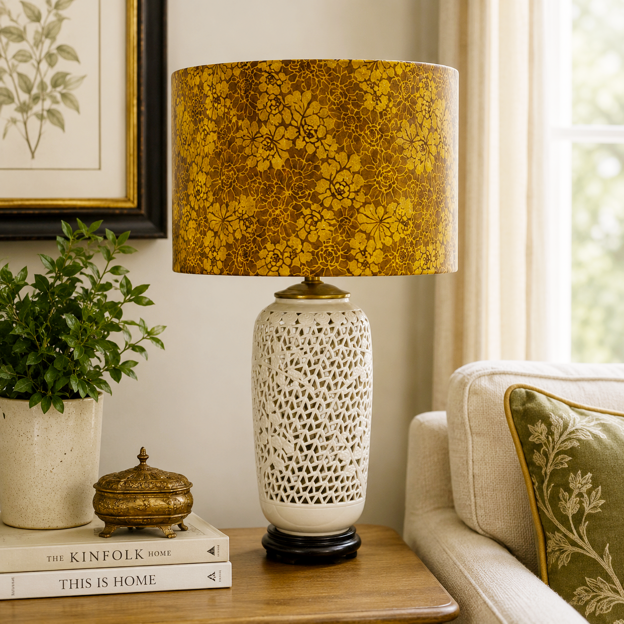 Vintage Blanc de Chine Style Lamp Pierced Porcelain Cherry Blossom Asian Table Lamp Hong Kong 27”