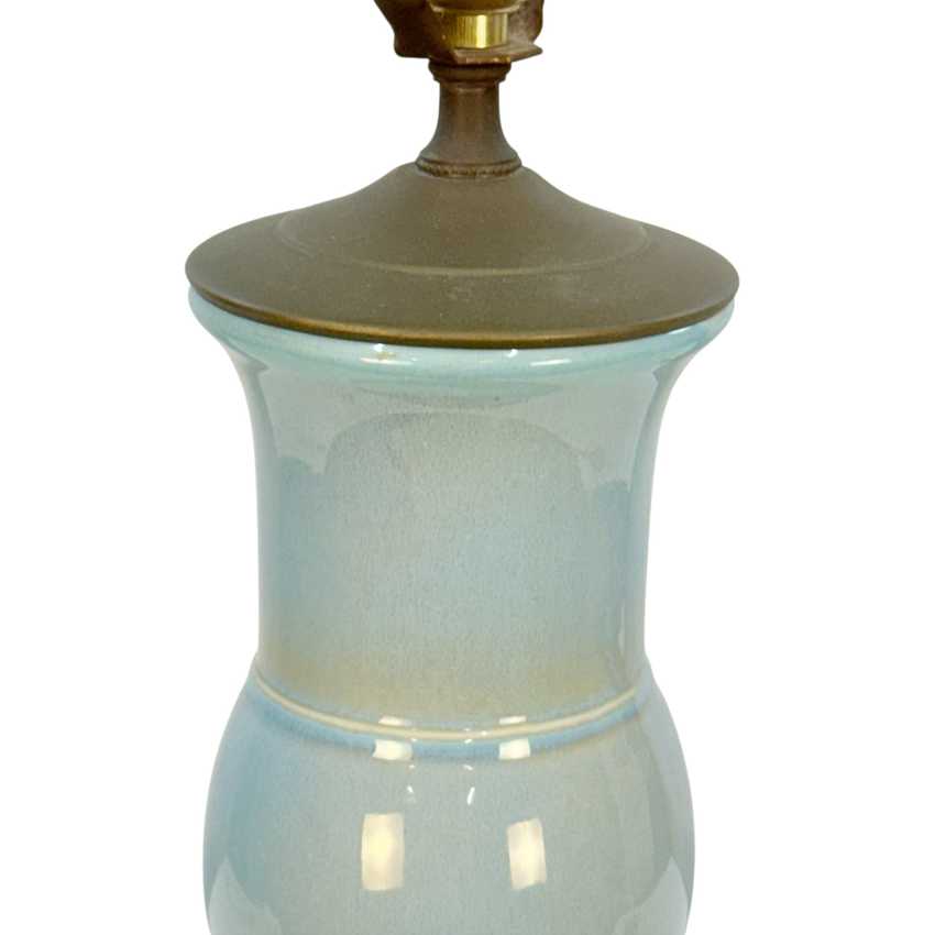 Vintage Light Blue Ceramic Table Lamp, Celadon Asian Style Lamp, Black Carved Base, Chinoiserie Lamp, 24 Inch Vintage Lighting