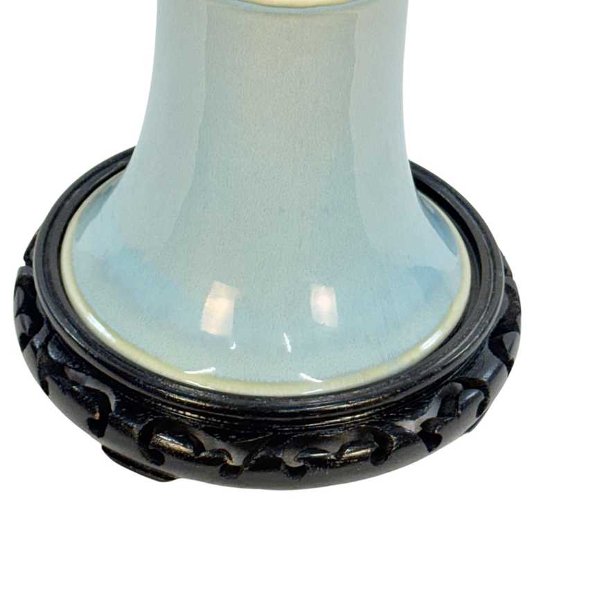 Vintage Light Blue Ceramic Table Lamp, Celadon Asian Style Lamp, Black Carved Base, Chinoiserie Lamp, 24 Inch Vintage Lighting