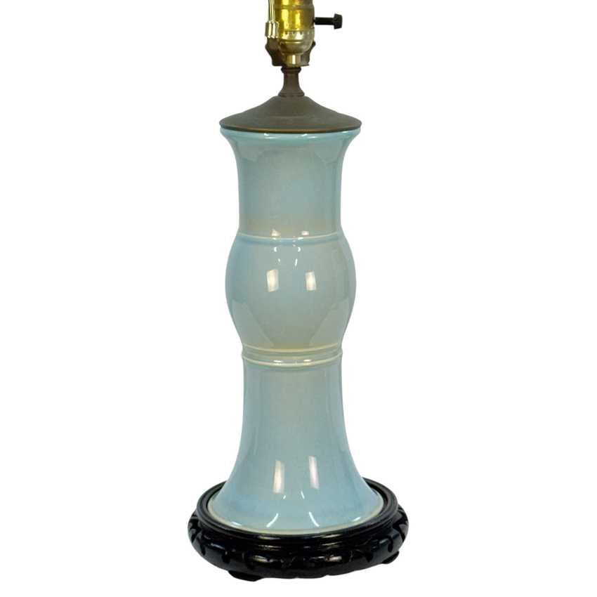 Vintage Light Blue Ceramic Table Lamp, Celadon Asian Style Lamp, Black Carved Base, Chinoiserie Lamp, 24 Inch Vintage Lighting