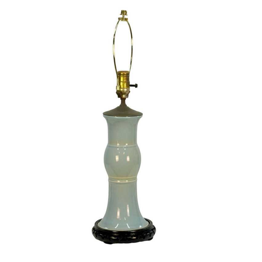 Vintage Light Blue Ceramic Table Lamp, Celadon Asian Style Lamp, Black Carved Base, Chinoiserie Lamp, 24 Inch Vintage Lighting