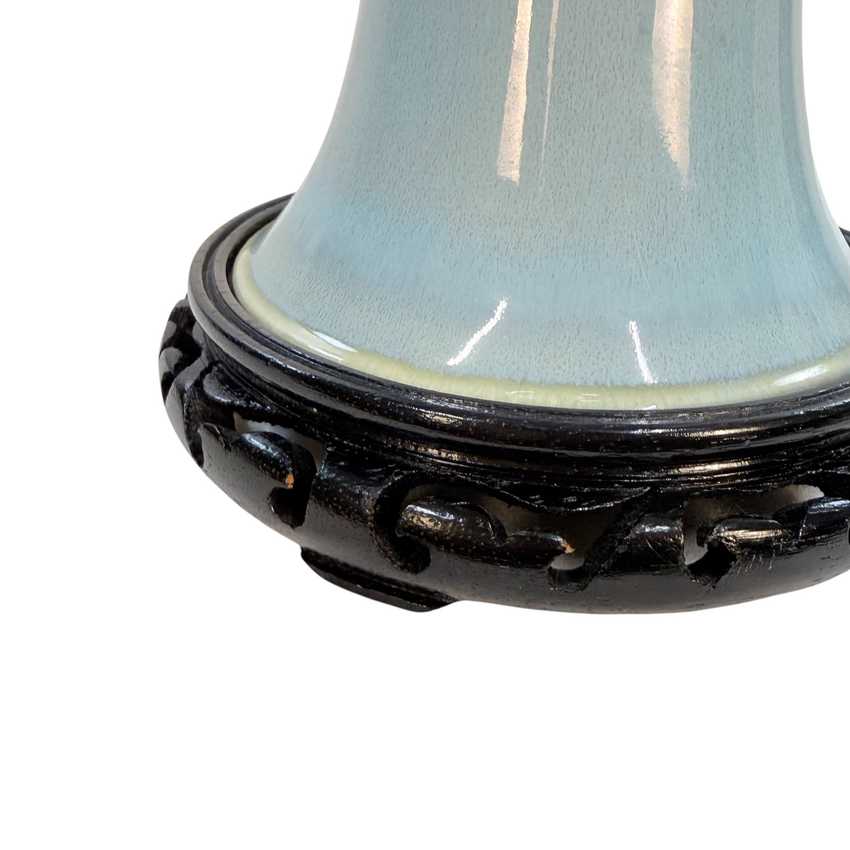 Vintage Light Blue Ceramic Table Lamp, Celadon Asian Style Lamp, Black Carved Base, Chinoiserie Lamp, 24 Inch Vintage Lighting