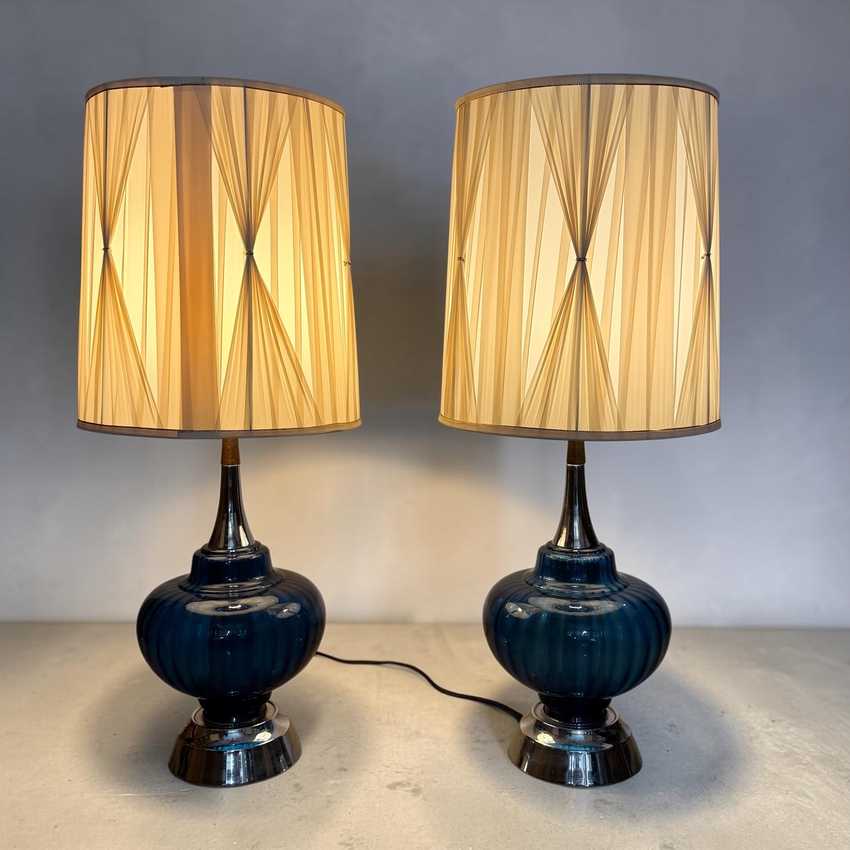 Vintage MCM Cobalt Glass Lamps, Blue Pair Vintage Lighting, Mid Century Retro Table Lamps