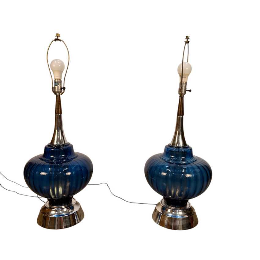 Vintage MCM Cobalt Glass Lamps, Blue Pair Vintage Lighting, Mid Century Retro Table Lamps
