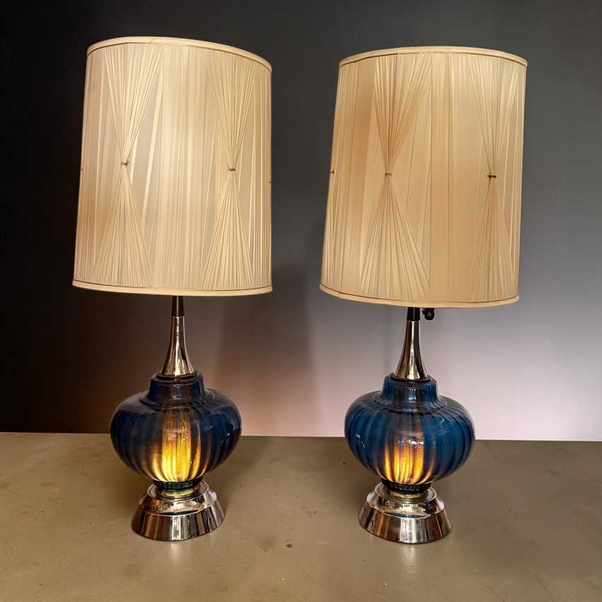 Vintage MCM Cobalt Glass Lamps, Blue Pair Vintage Lighting, Mid Century Retro Table Lamps
