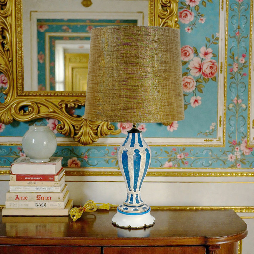 Vintage French Blue Opaline Glass Table Lamp | Restored Blue & White Glass Lamp with Gold Accents | Rewired | 24" Tall