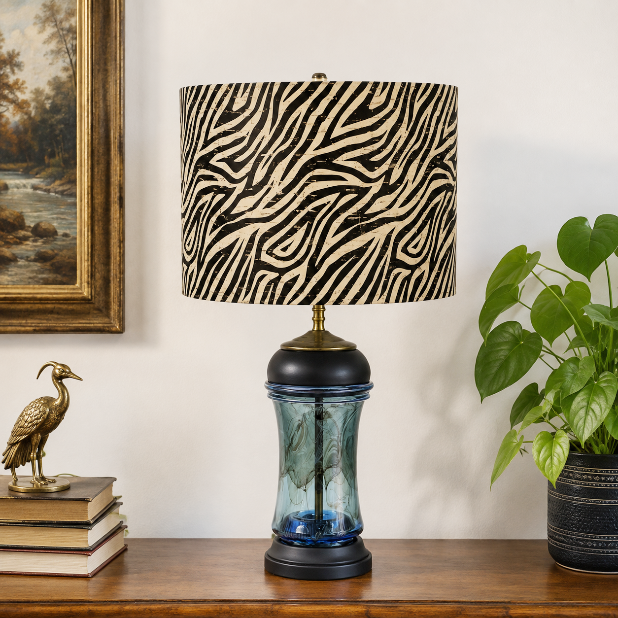 Handmade Blue Art Glass Table Lamp | One-of-a-Kind Blown Glass Lamp | Blue Amber & White Swirl Lamp