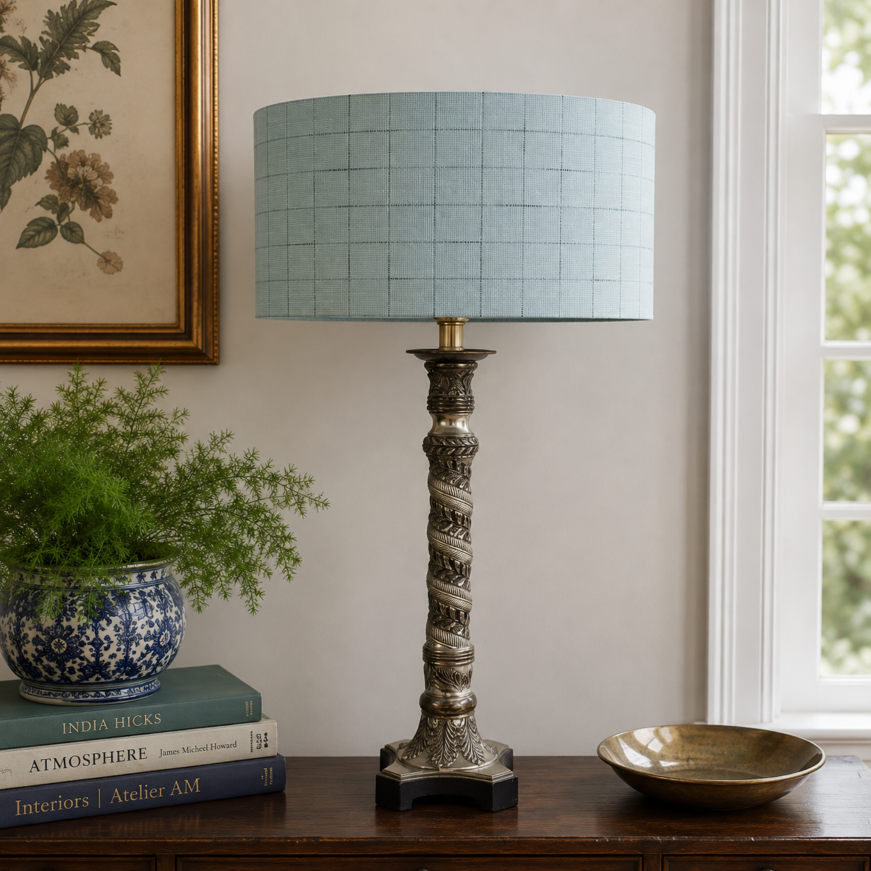 Light Teal Blue Linen Drum Lampshade – 16 Inch Handmade Grid Pattern Lamp Shade – Available in 6-16 inch Sizes